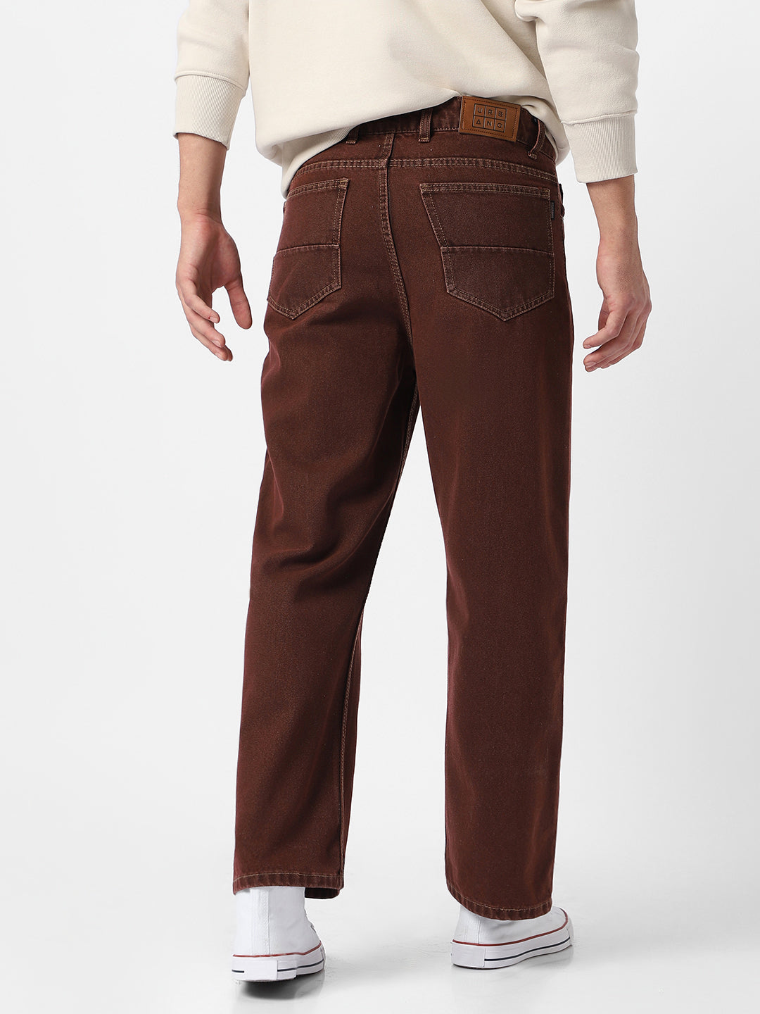 Men's Brown Loose Fit Washed Jeans Non-Stretchable