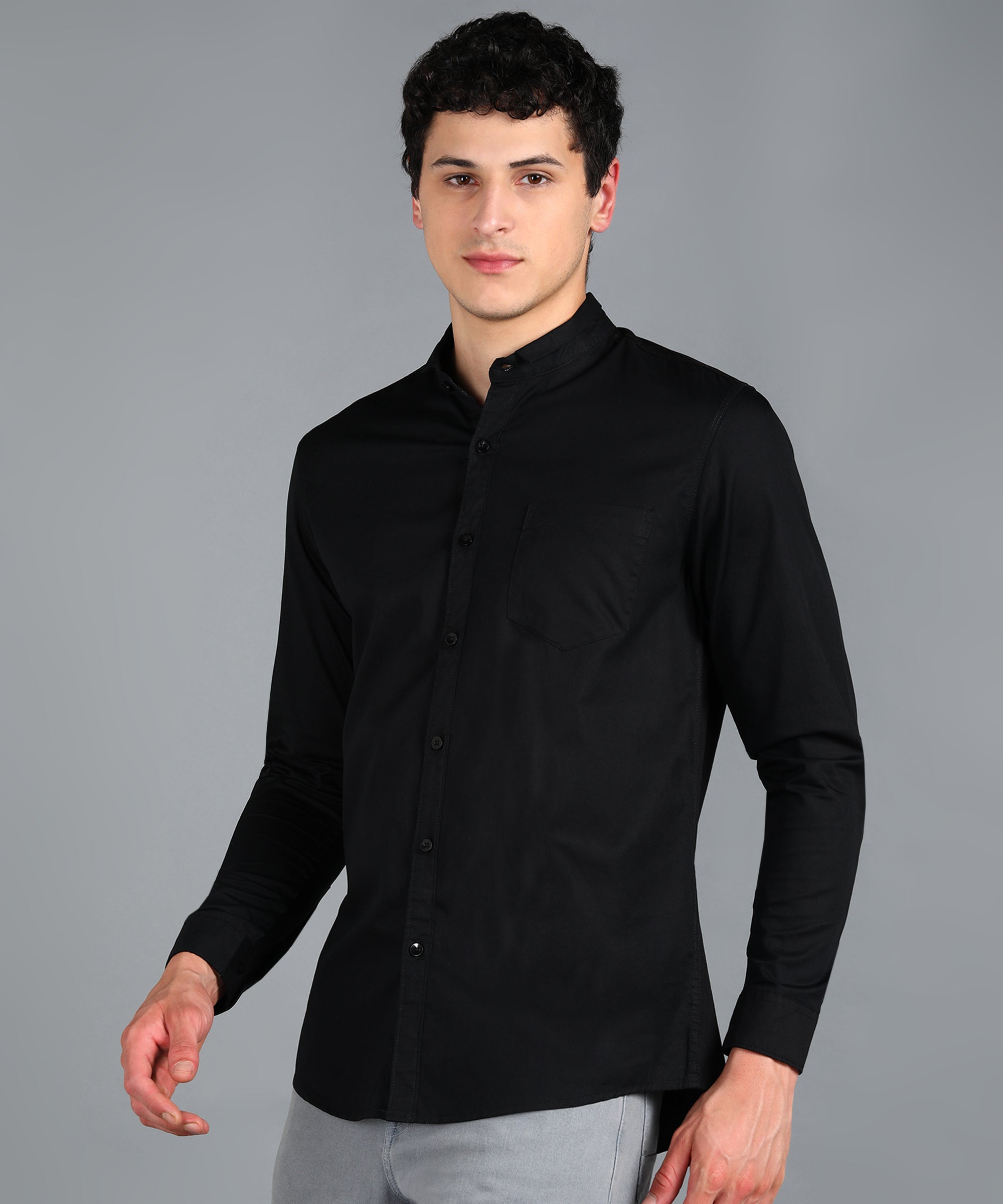 Men's Black Cotton Full Sleeve Slim Fit Solid Shirt with Mandarin Collar