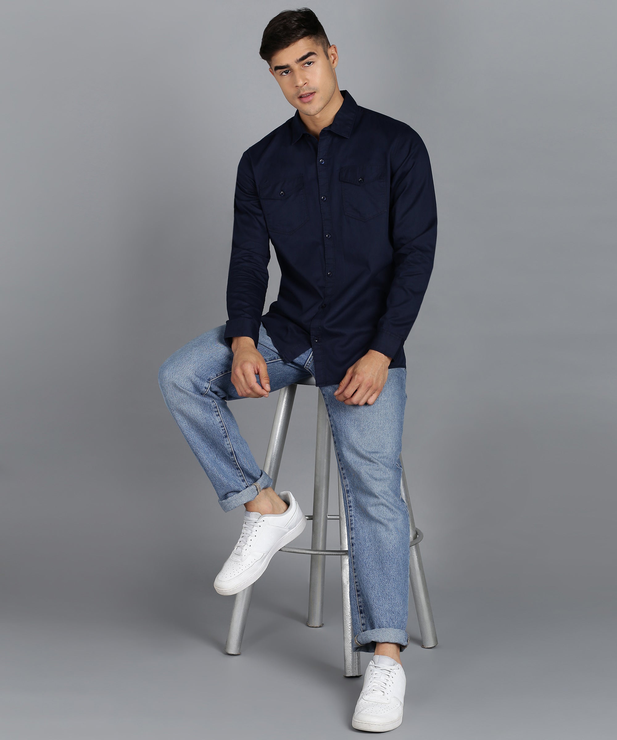 Men's Navy Blue Cotton Full Sleeve Slim Fit Casual Solid Shirt