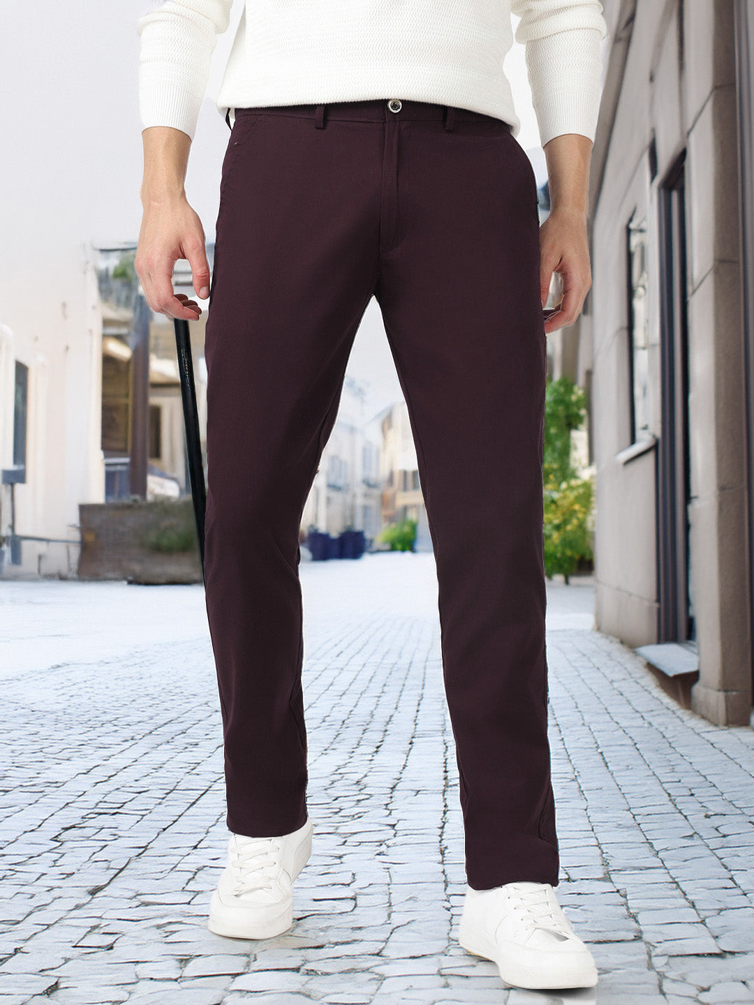 Men's Maroon Cotton Slim Fit Casual Chinos Trousers