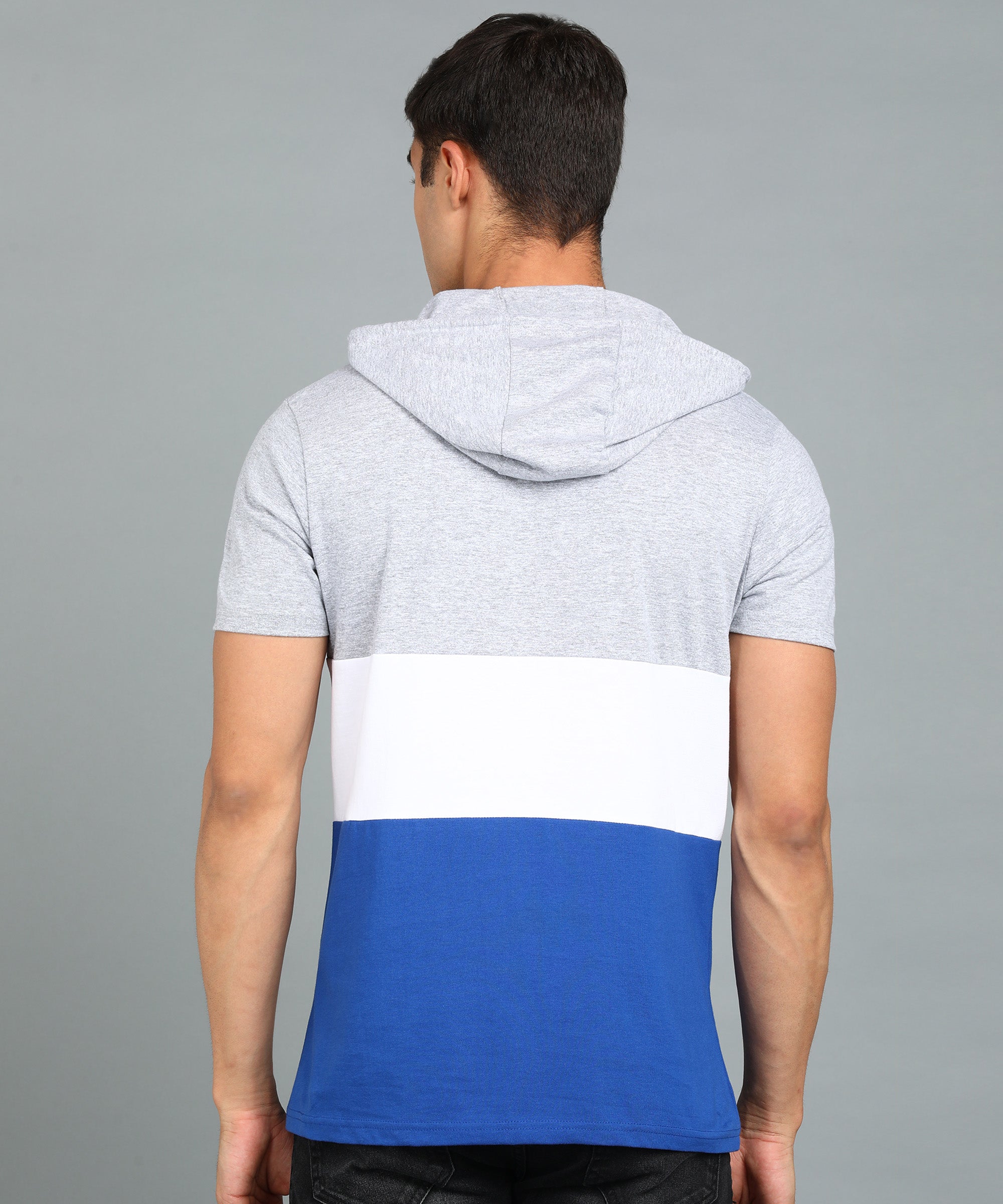 Men's Grey, White, Royal Blue Cotton Slim Fit Half Sleeve Hooded T-Shirt