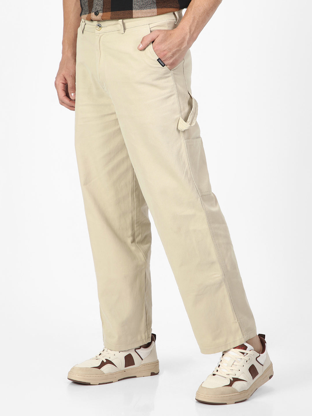 Men's Cream Loose Baggy Fit Solid Carpenter Trouser Pant with 5 Pockets Non-Stretchable
