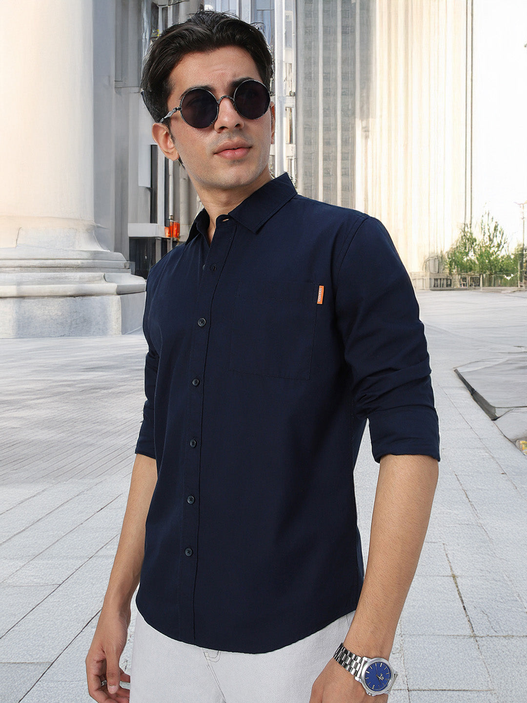 Men's Navy Cotton Full Sleeve Regular Fit Casual Solid Shirt