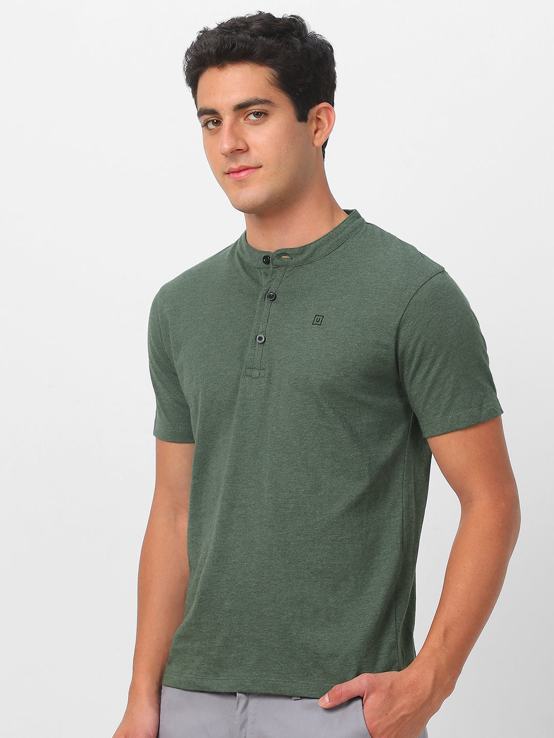 Men's Green Melange Solid Mandarin Collar Slim Fit Half Sleeve Cotton T-Shirt