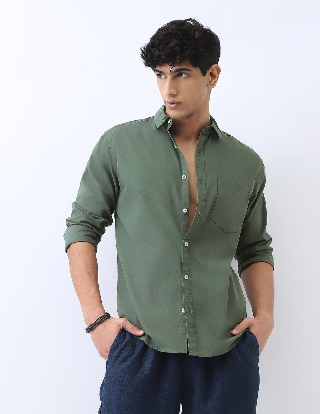 Men's Sage Green Cotton Full Sleeve Regular Fit Casual Solid Shirt