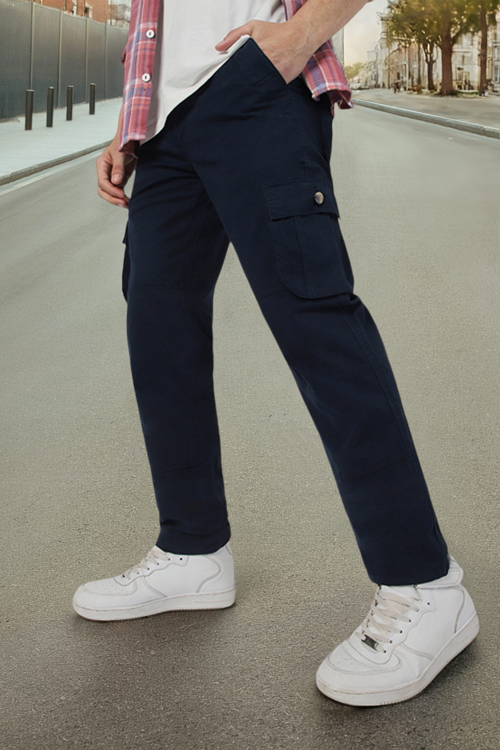 Men's Navy Blue Regular Fit Solid Cargo Chino Pant with 6 Pockets
