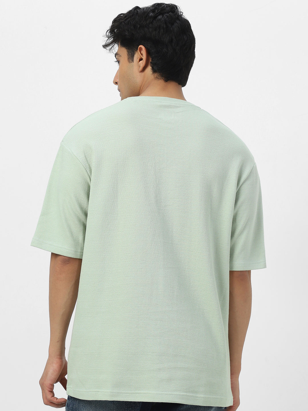 Men's Pastel Green Textured Round Neck Oversized Half Sleeve Cotton T-Shirt