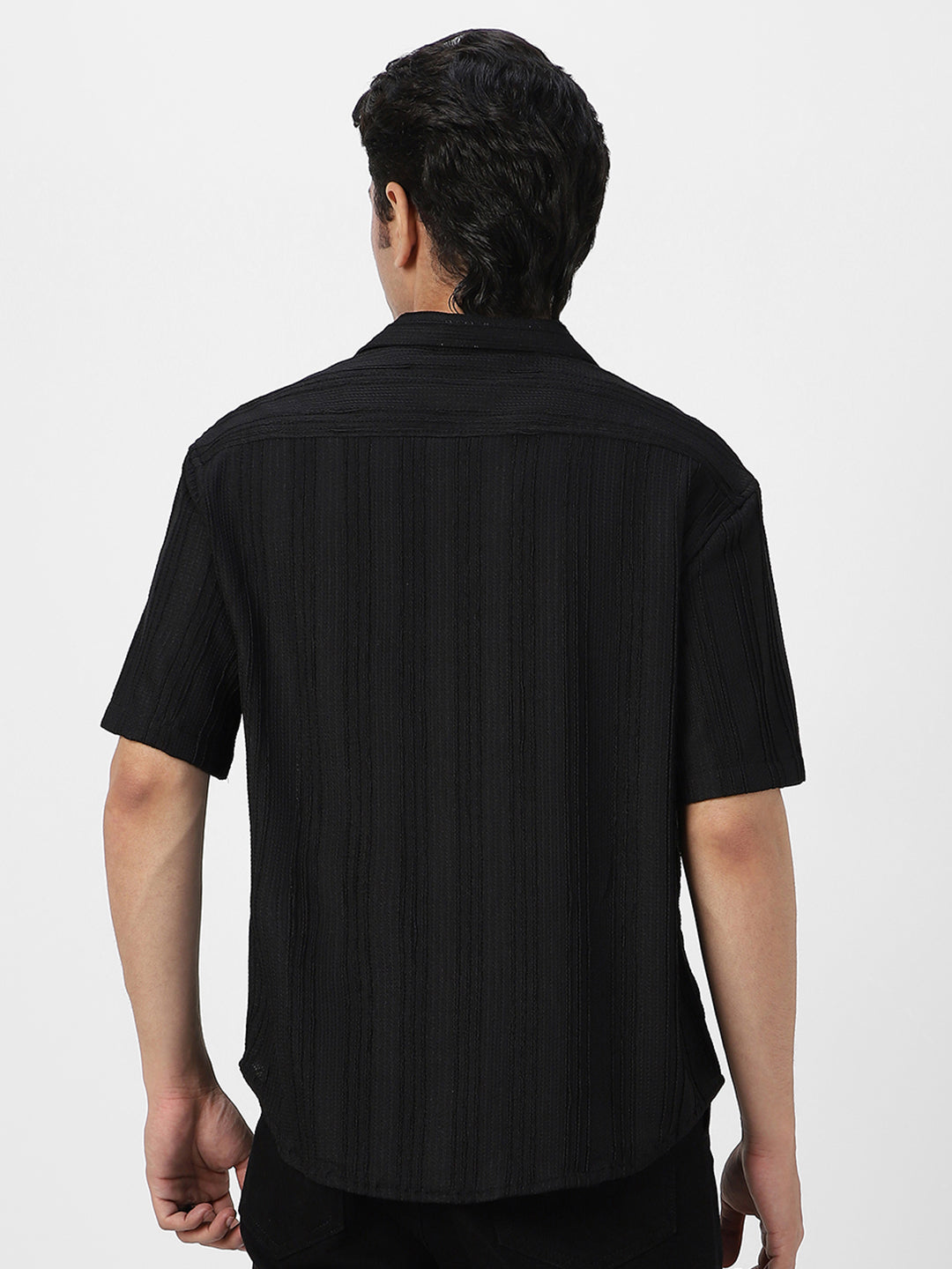 Men's Black Cotton Half Sleeve Oversized Fit Textured Shirt with Cuban Collar