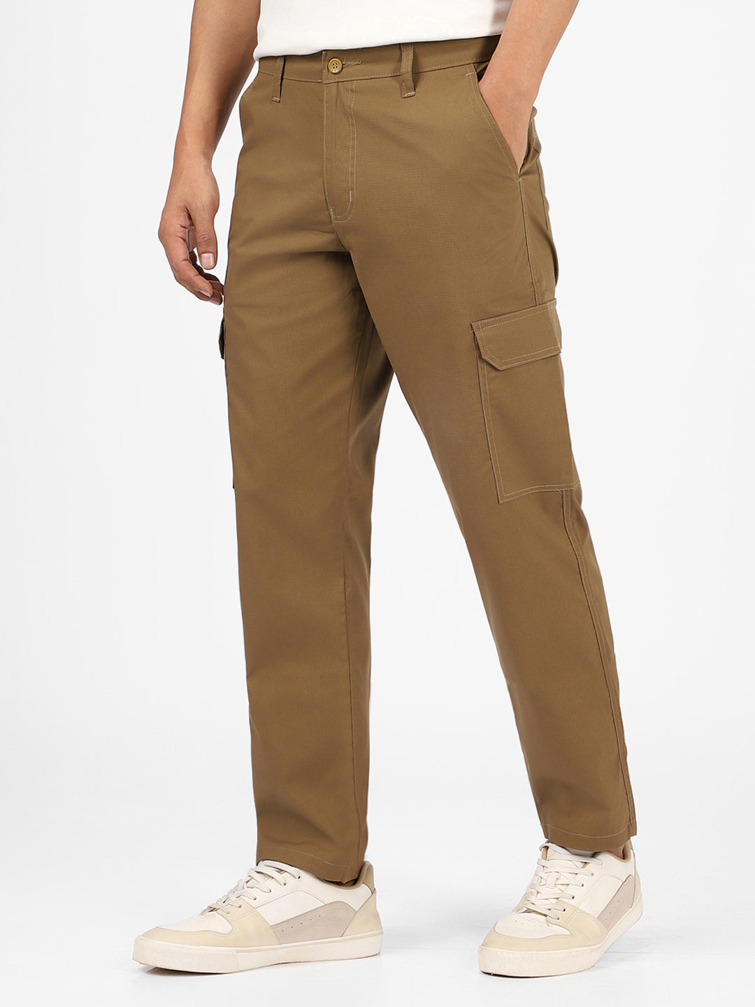 Men's Khaki Regular Fit Solid Cargo Chino Pant With 6 Pockets