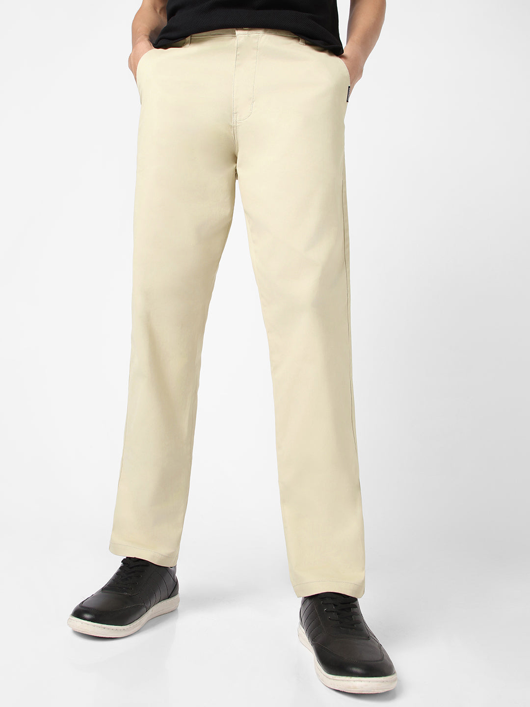 Men's Cream Cotton Regular Fit Casual Chinos Trousers Stretch