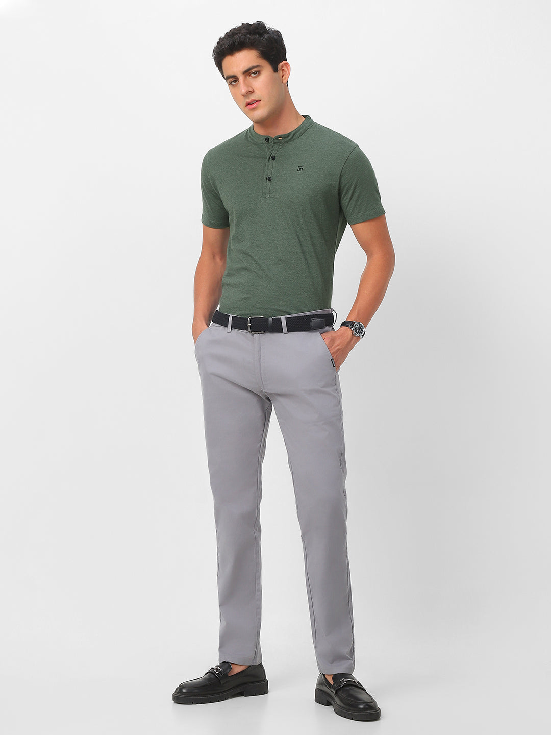 Men's Green Melange Solid Mandarin Collar Slim Fit Half Sleeve Cotton T-Shirt