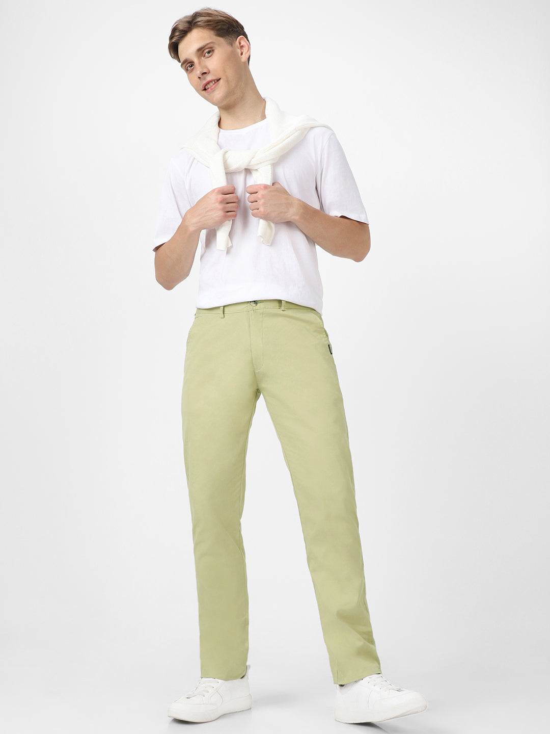 Men's Green Cotton Slim Fit Casual Chinos Trousers