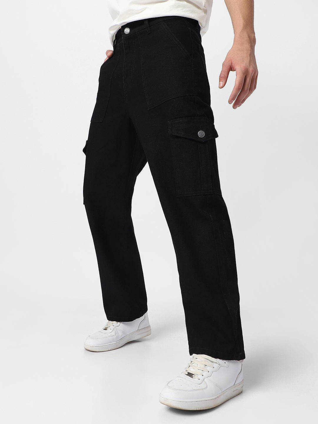 Men's Black Loose Fit Cargo Jeans with 6 Pockets Non-Stretchable