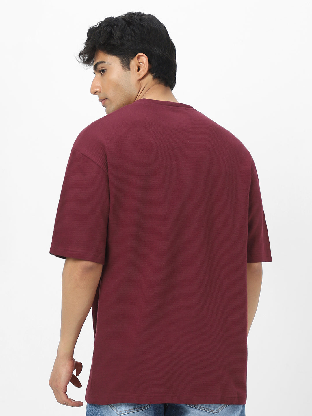 Men's Plum Textured Round Neck Oversized Half Sleeve Cotton T-Shirt