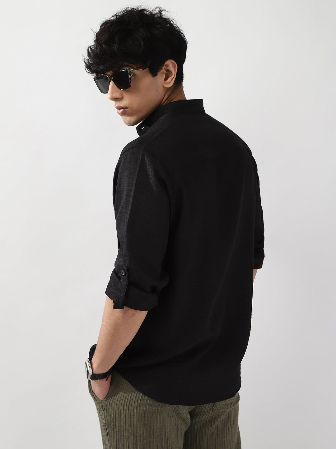 Men's Black Linen Blend Full Sleeve Relaxed Fit Mandarin Collar Casual Solid Shirt