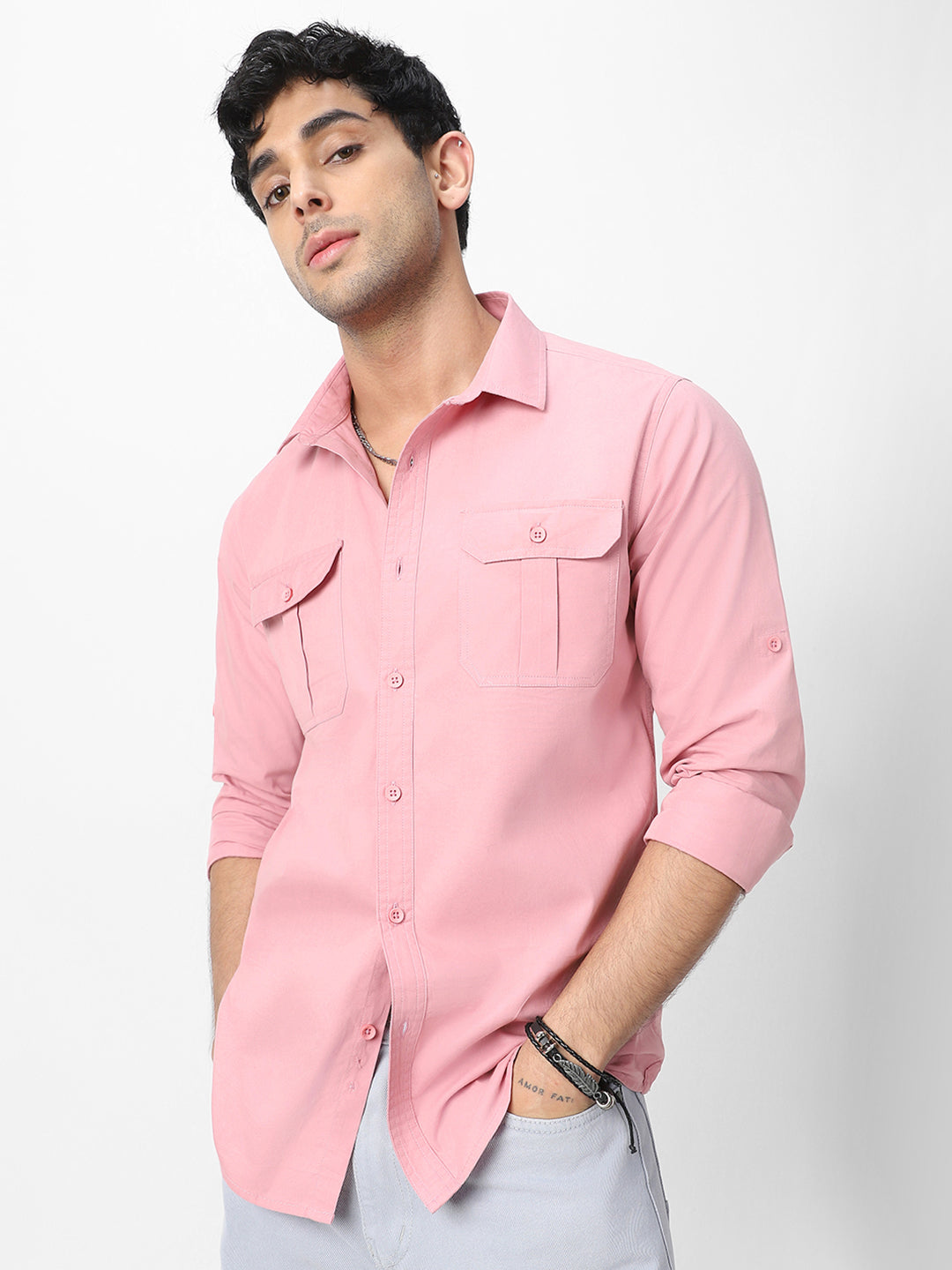 Men's Pink Cotton Full Sleeve Regular Fit Casual Solid Shirt