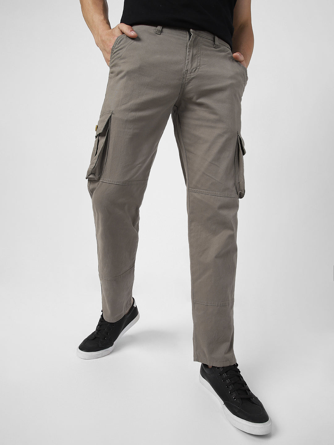 Men's Grey Regular Fit Solid Cargo Chino Pant with 6 Pockets