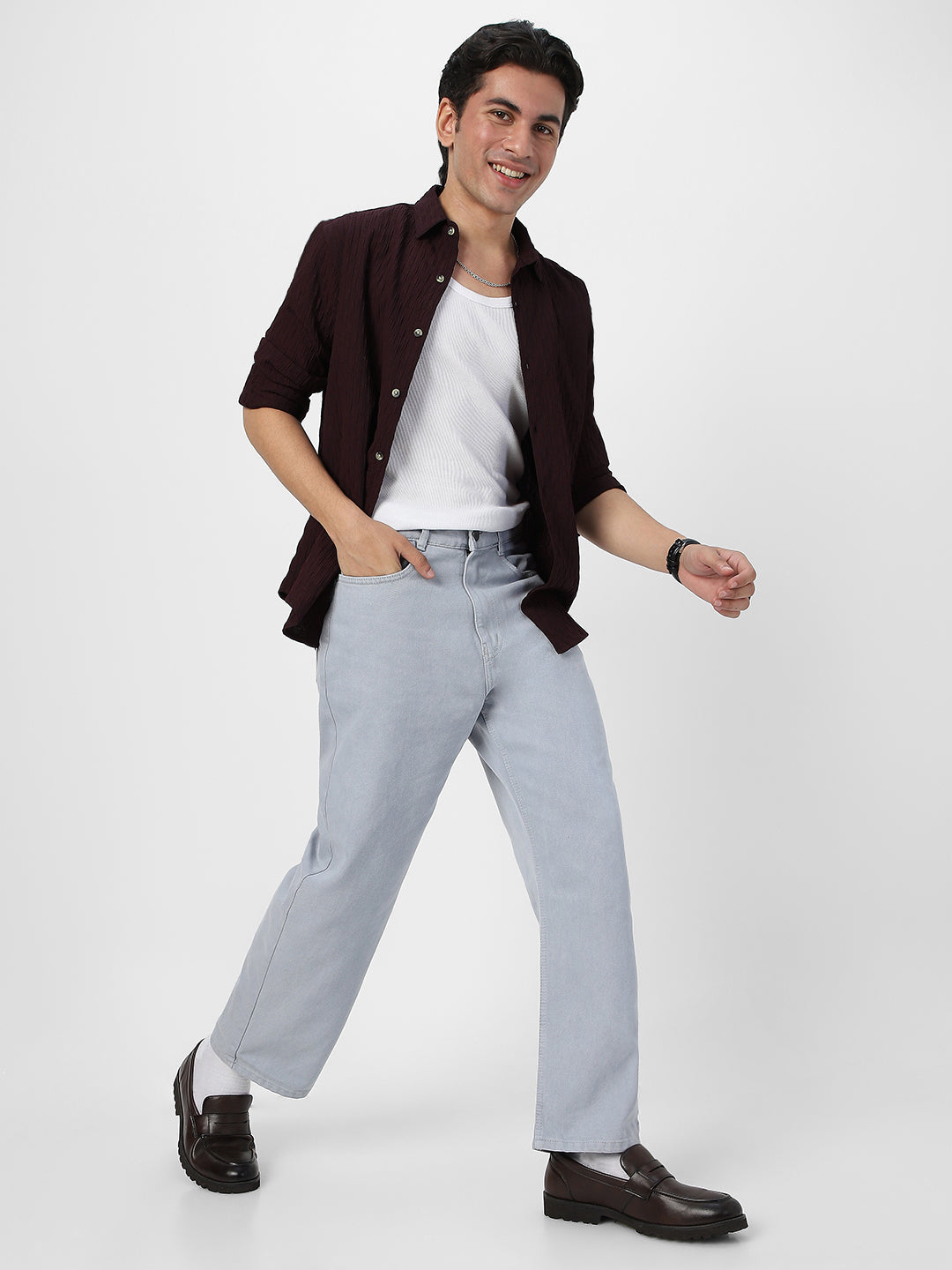 Men's Maroon Cotton Full Sleeve Regular Fit Textured Shirt with Spread Collar