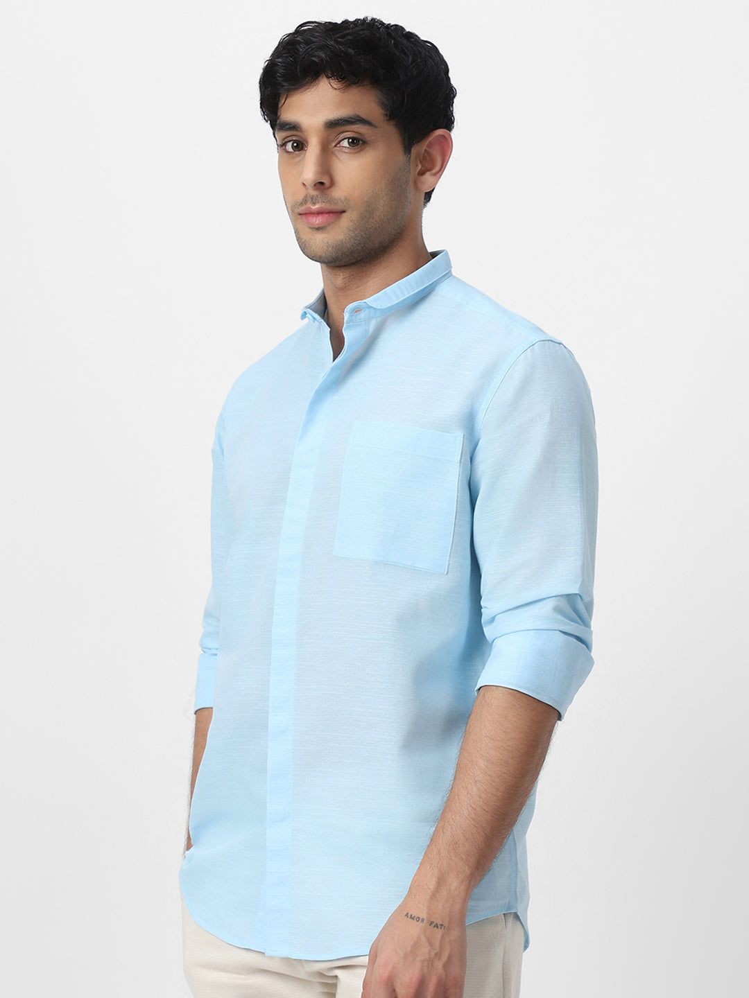 Men's Light Blue Cotton Full Sleeve Regular Fit Casual Solid Shirt with Band Collar