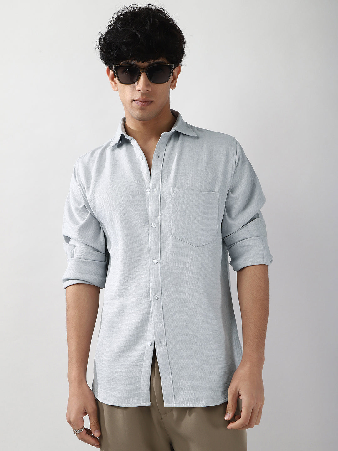 Men's Light Grey Linen Blend Full Sleeve Relaxed Fit Casual Solid Shirt