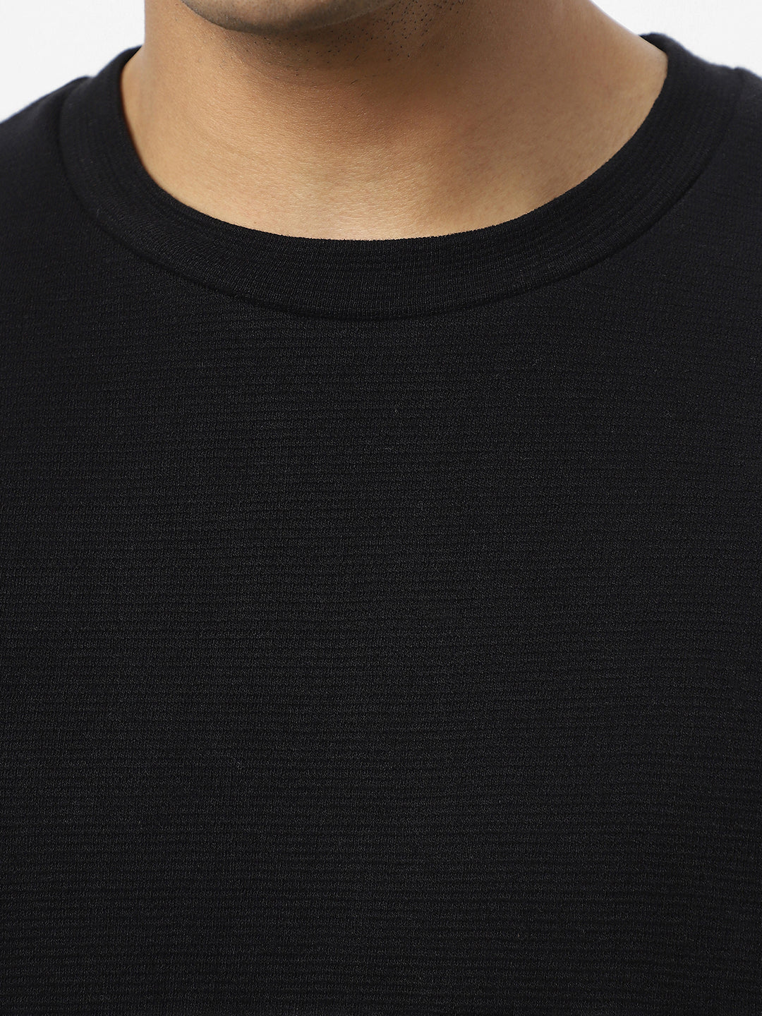 Men's Black Textured Round Neck Oversized Half Sleeve Cotton T-Shirt