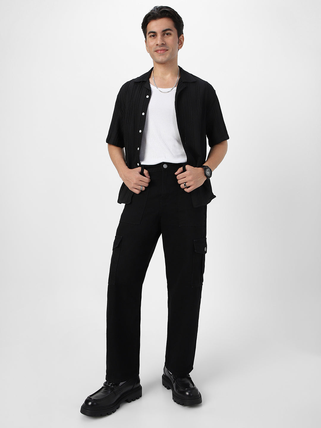 Men's Black Cotton Half Sleeve Oversized Fit Textured Shirt with Cuban Collar