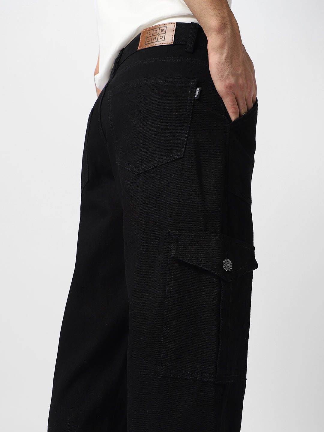 Men's Black Loose Fit Cargo Jeans with 6 Pockets Non-Stretchable