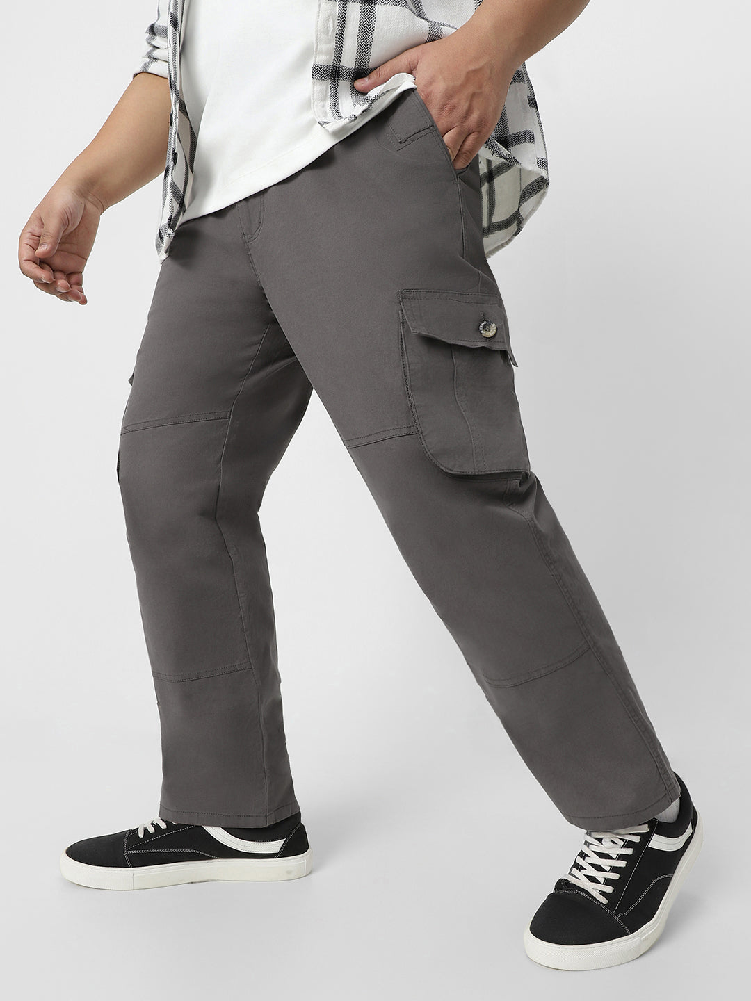 Plus Men's Dark Grey Regular Fit Solid Cargo Chino Pant with 6 Pockets