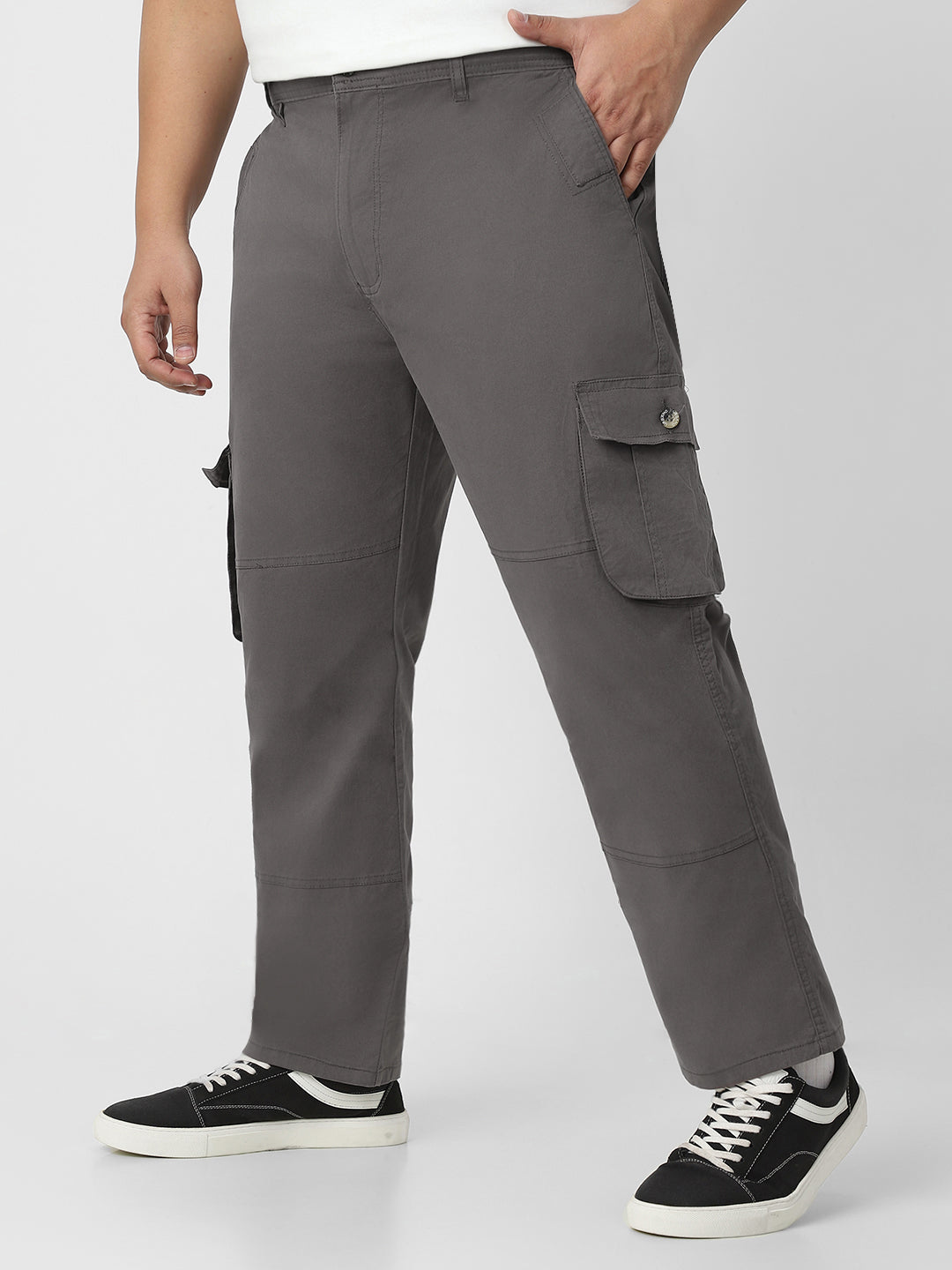 Plus Men's Dark Grey Regular Fit Solid Cargo Chino Pant with 6 Pockets