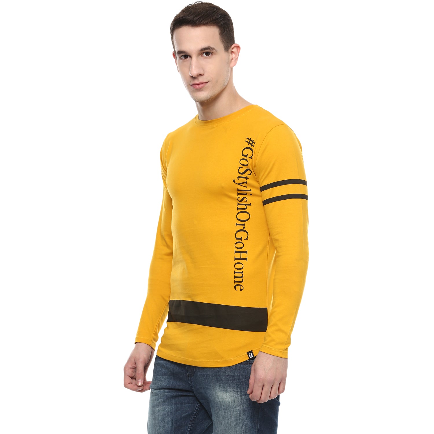 Men's Yellow Printed Full Sleeve Cotton T-Shirt