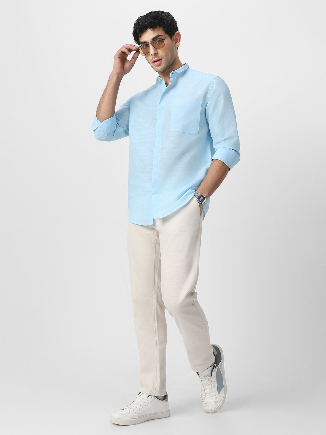Men's Light Blue Cotton Full Sleeve Regular Fit Casual Solid Shirt with Band Collar