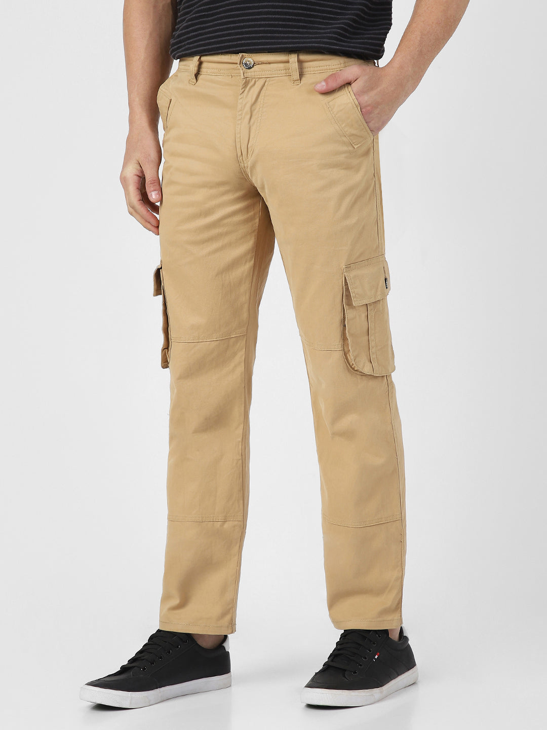 Men's Beige Regular Fit Solid Cargo Chino Pant with 6 Pockets