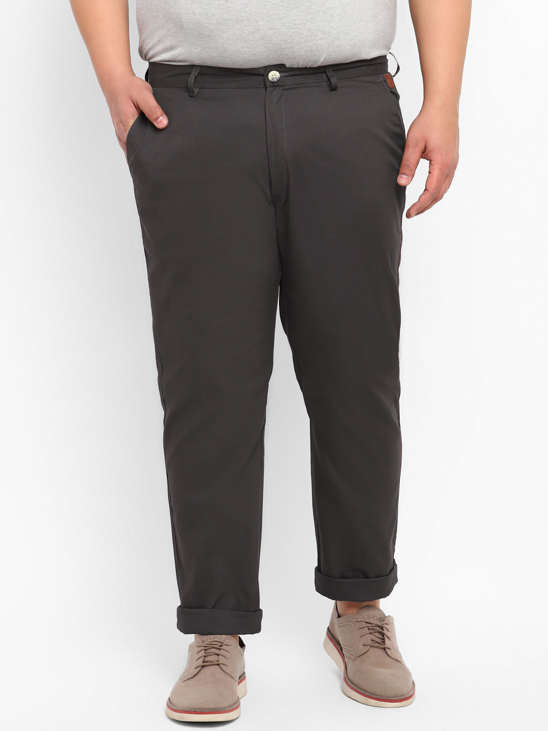 Plus Men's Grey Cotton Regular Fit Casual Chinos Trousers