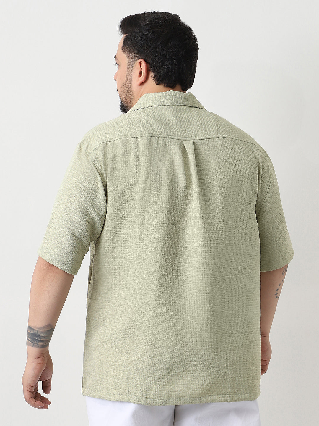Plus Men's Pastel Olive Cotton Half Sleeve Oversized Fit Textured Shirt with Cuban Collar