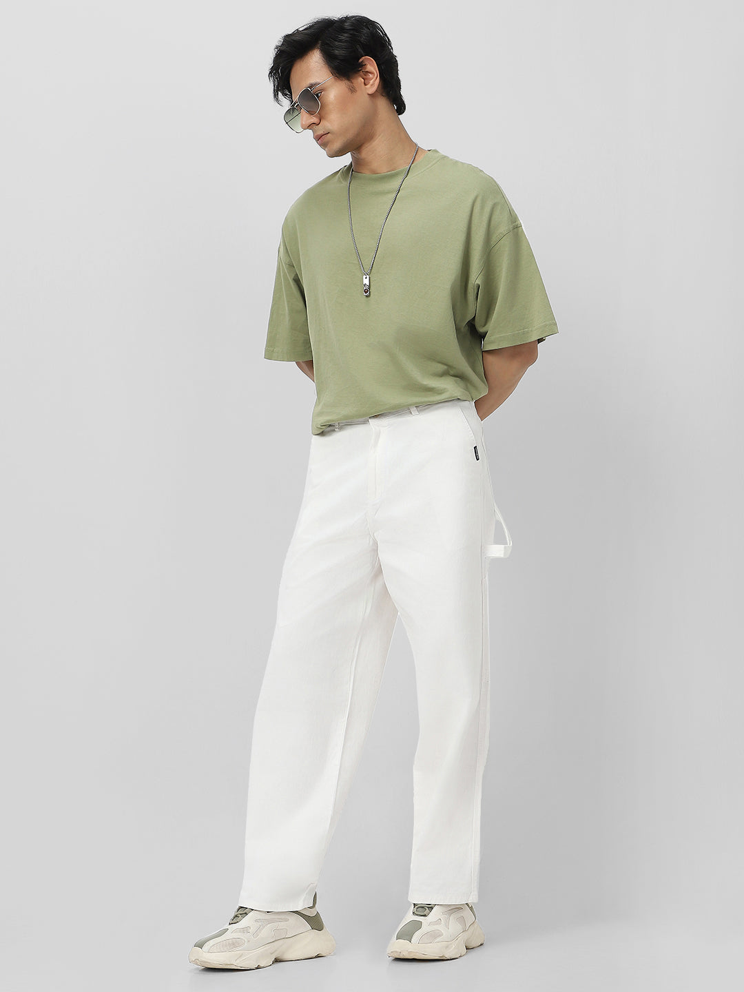 Men's White Loose Baggy Fit Solid Carpenter Trouser Pant with 5 Pockets Non-Stretchable