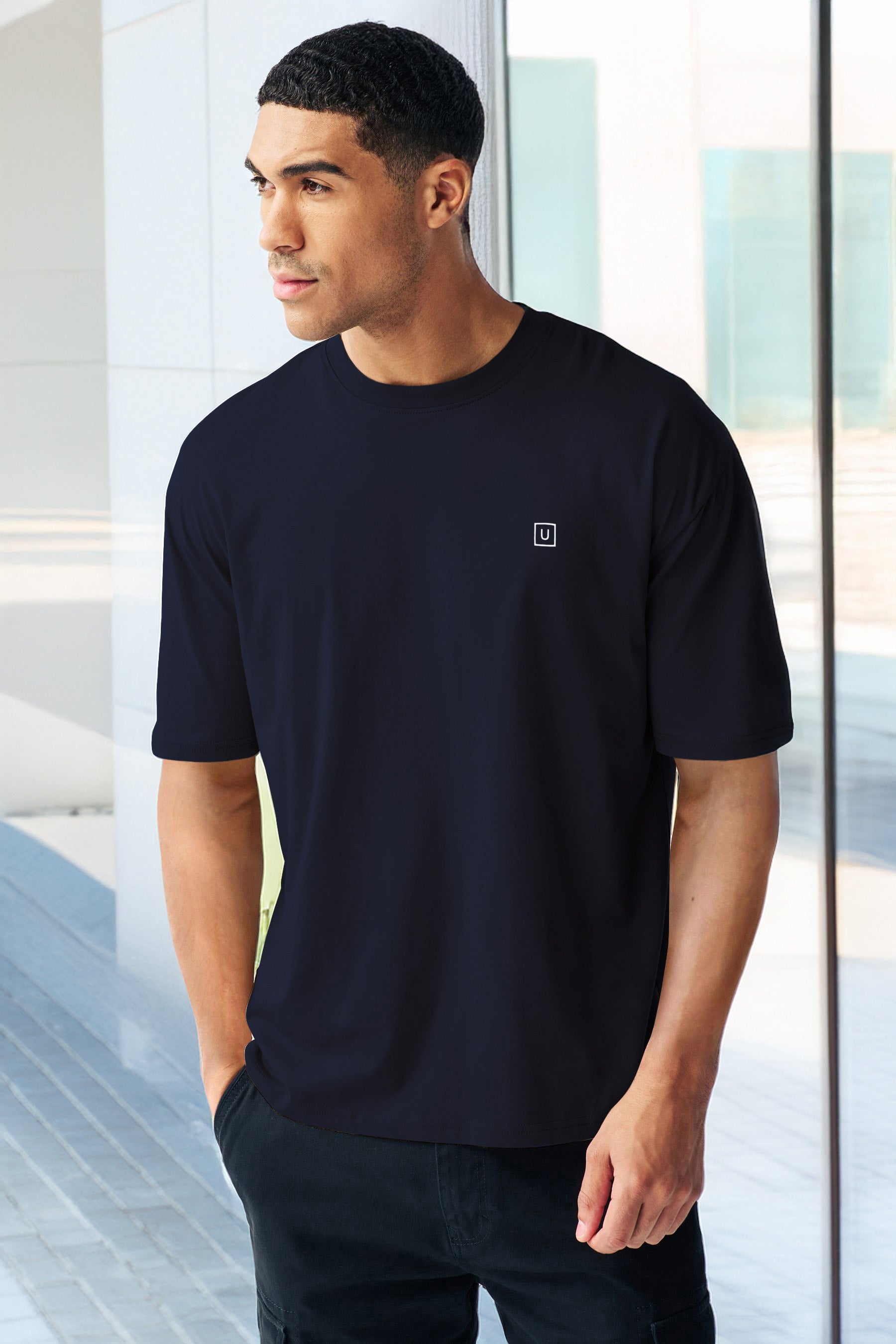 Men's Navy Blazer Solid Round Neck Oversized Half Sleeve Cotton T-Shirt