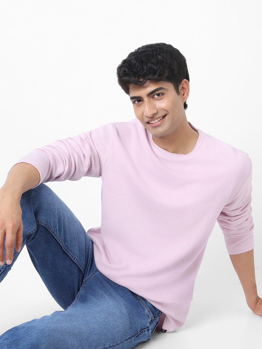 Men's Lavender Textured Round Neck Oversized Full Sleeve Cotton T-Shirt