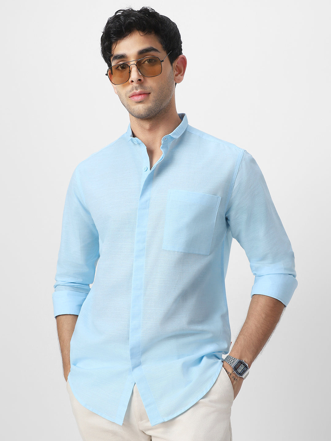 Men's Light Blue Cotton Full Sleeve Regular Fit Casual Solid Shirt with Band Collar
