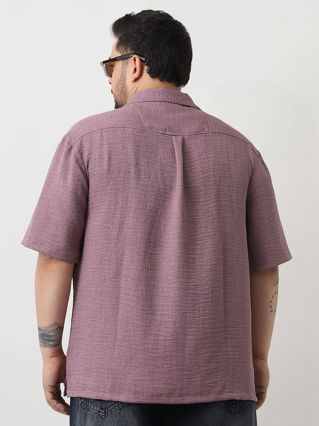 Plus Men's Purple Cotton Half Sleeve Oversized Fit Textured Shirt with Cuban Collar