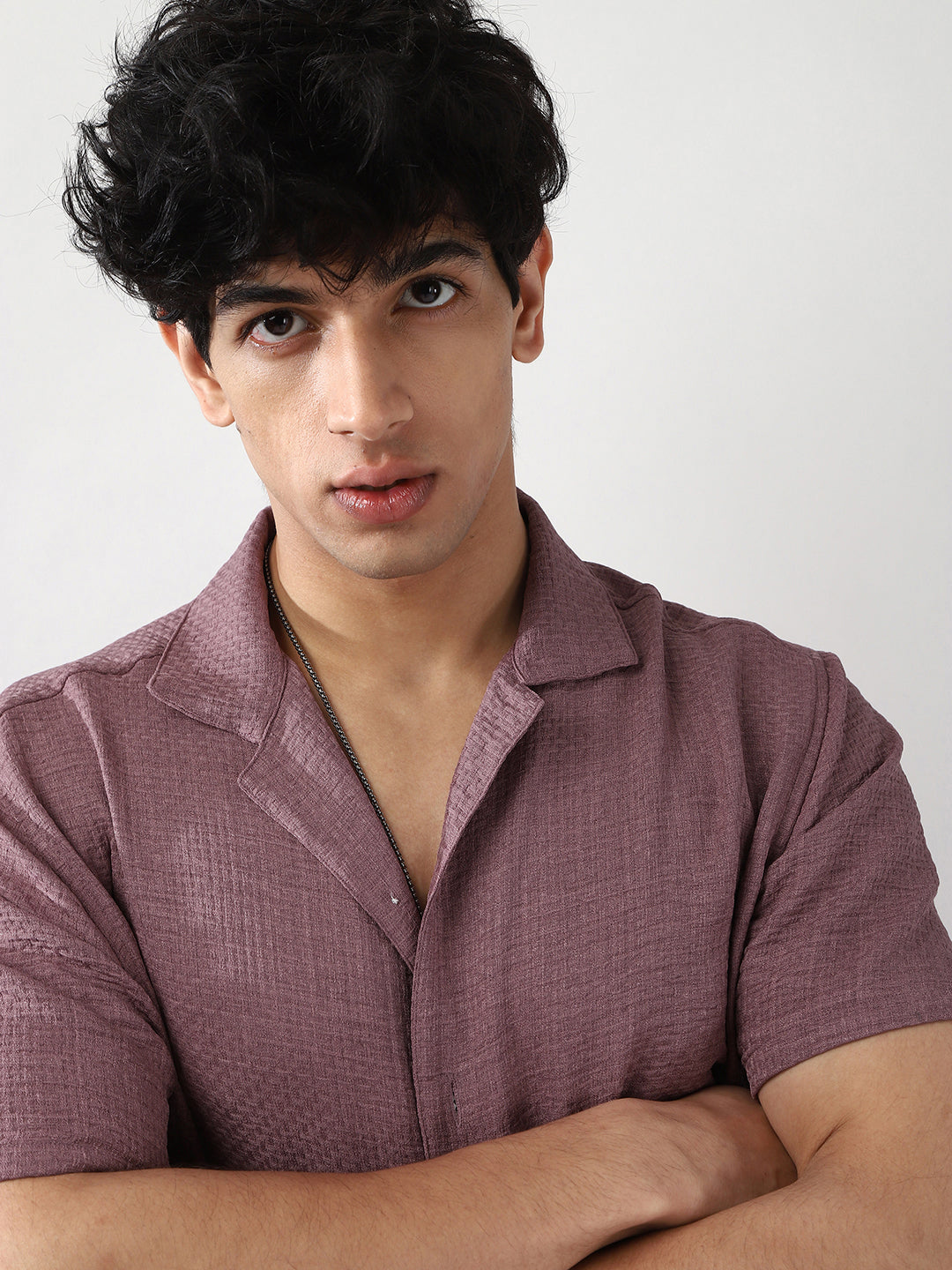 Men's Purple Cotton Half Sleeve Oversized Fit Textured Shirt with Cuban Collar