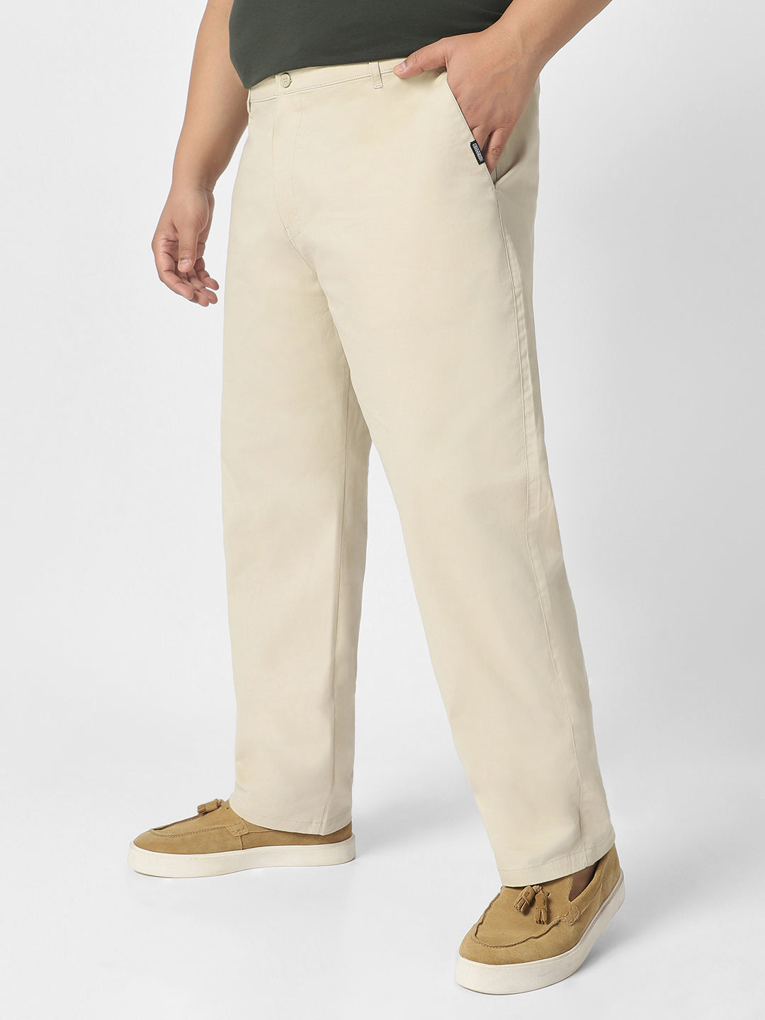 Plus Men's Cream Cotton Regular Fit Casual Chinos Trousers Stretch