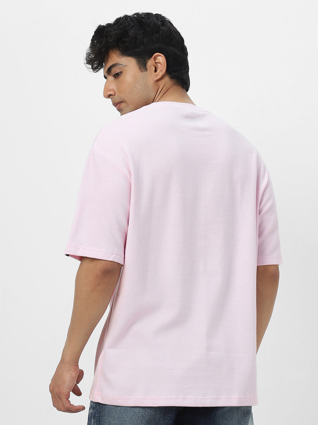 Men's Lavender Textured Round Neck Oversized Half Sleeve Cotton T-Shirt