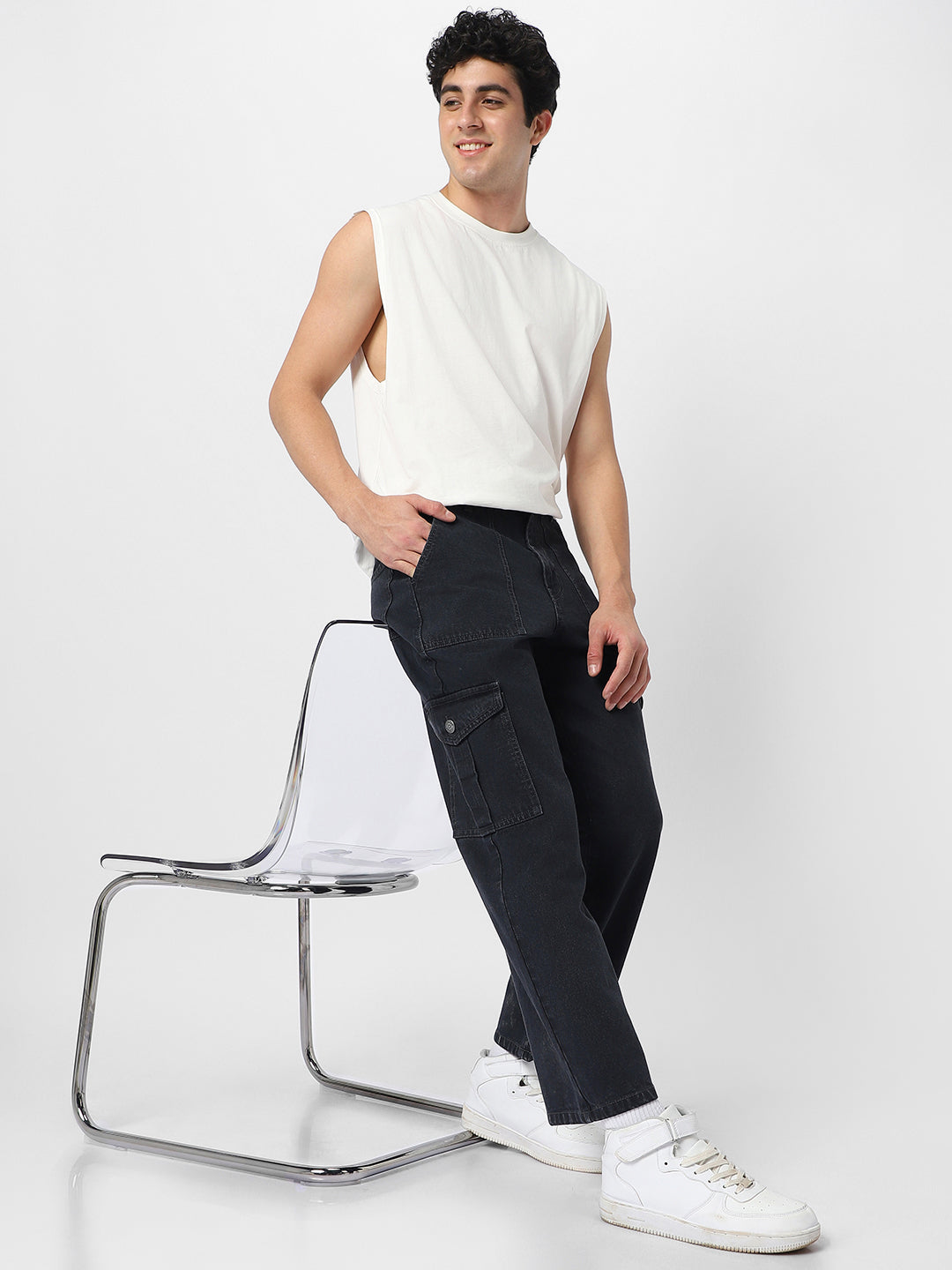 Men's Dark Grey Loose Fit Cargo Jeans with 6 Pockets Non-Stretchable