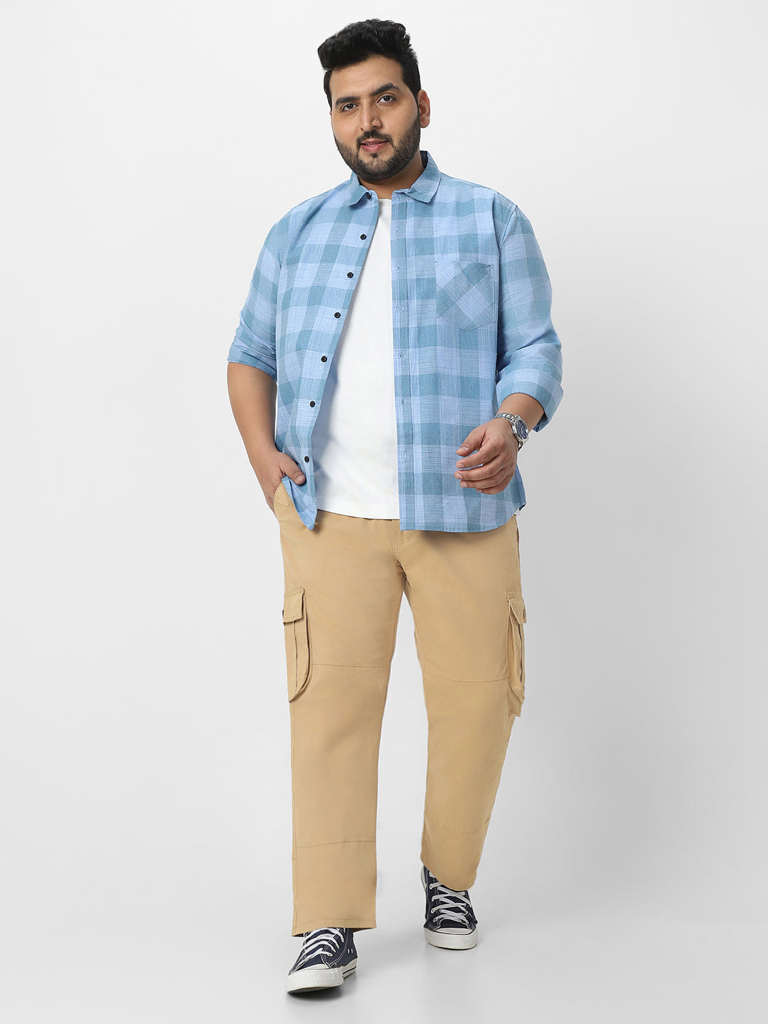 Plus Men's Beige Regular Fit Solid Cargo Chino Pant with 6 Pockets