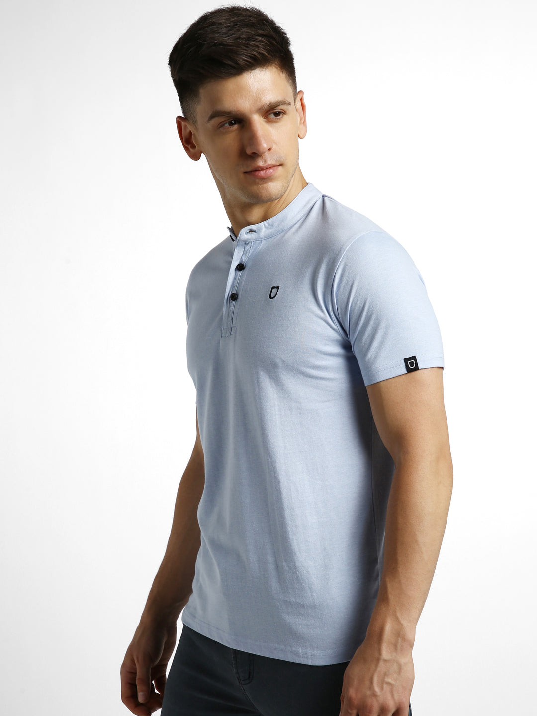Men's Sky Blue Melange Solid Mandarin Collar Slim Fit Half Sleeve Cotton T-Shirt