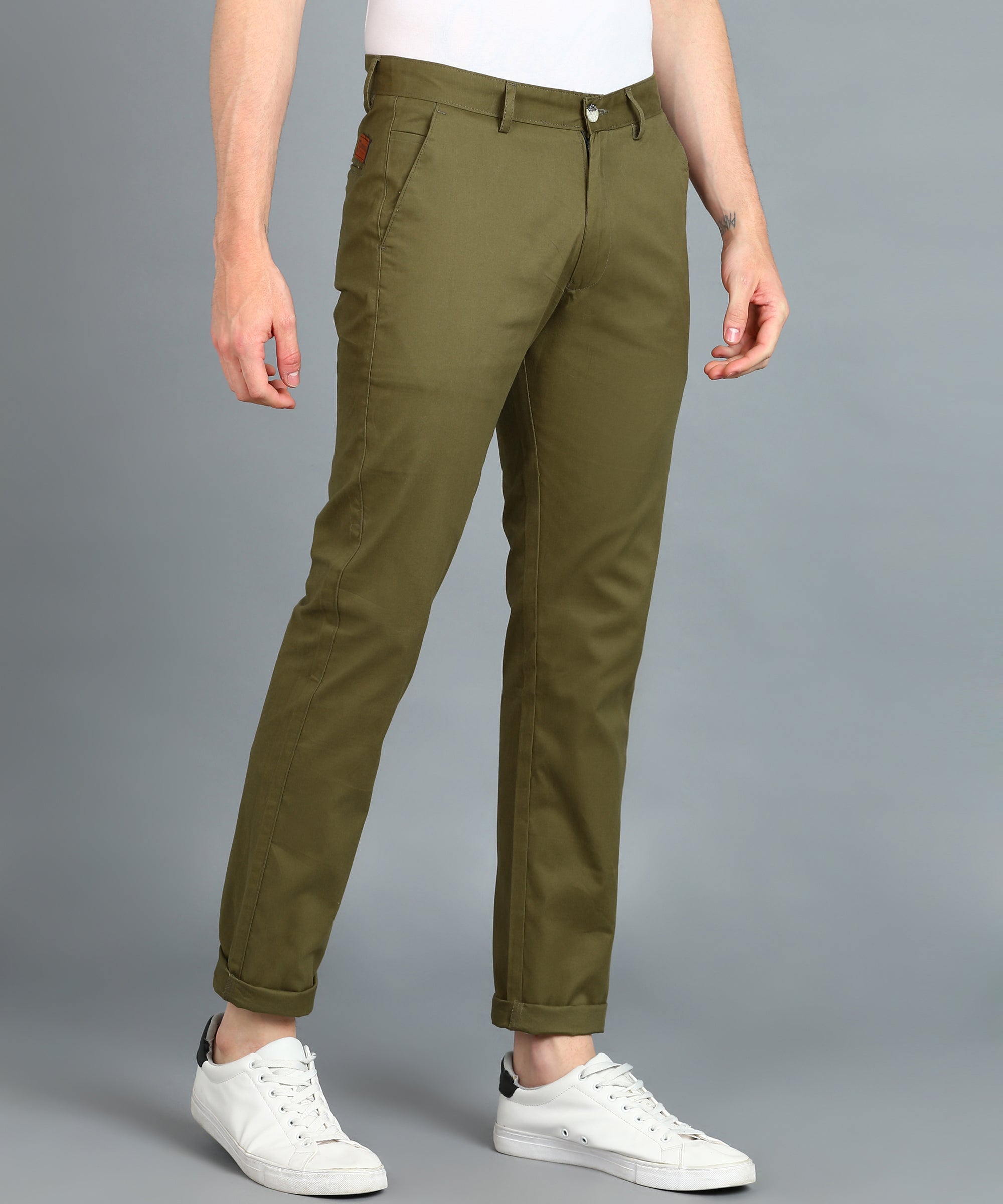 Men's Green Cotton Slim Fit Casual Chinos Trousers