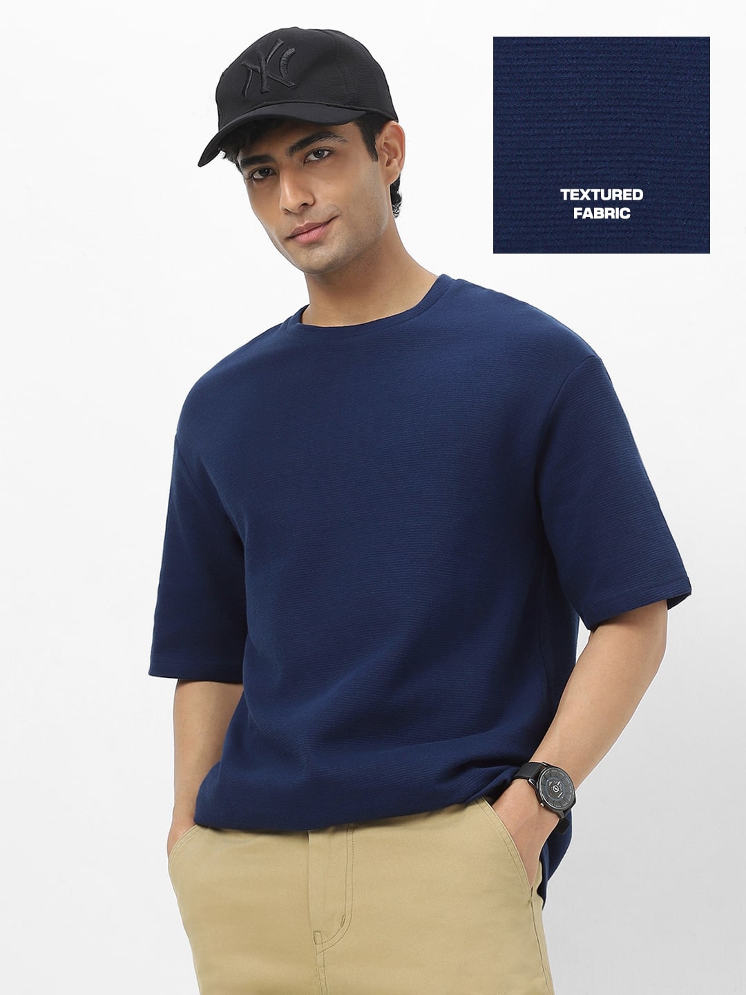 Men's Navy Textured Round Neck Oversized Half Sleeve Cotton T-Shirt
