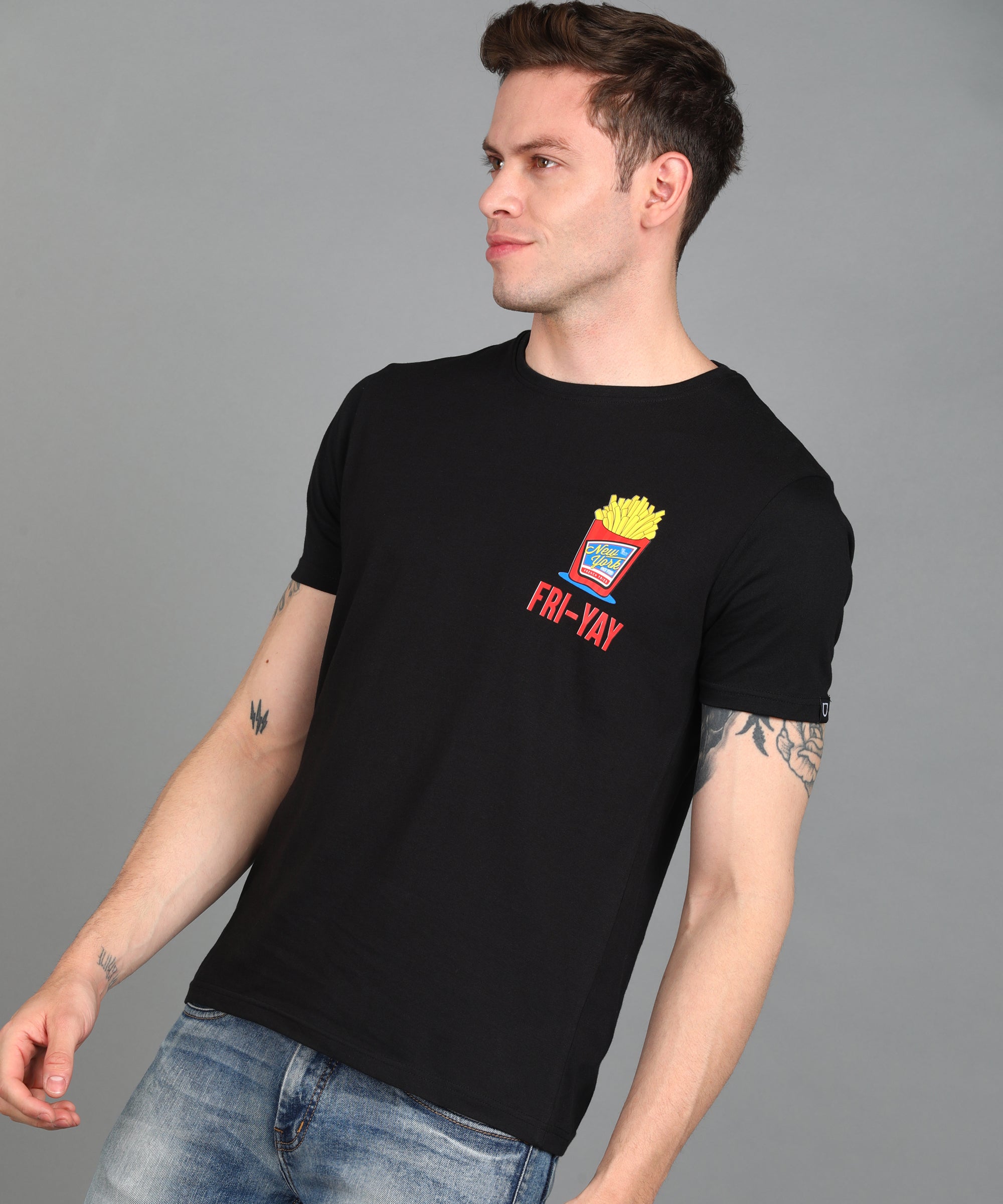 Urbano Fashion Men's Black Graphic Printed Round Neck Half Sleeve Slim Fit Cotton T-Shirt