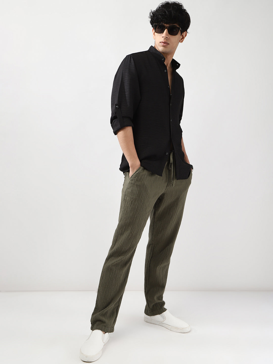 Men's Black Linen Blend Full Sleeve Relaxed Fit Mandarin Collar Casual Solid Shirt