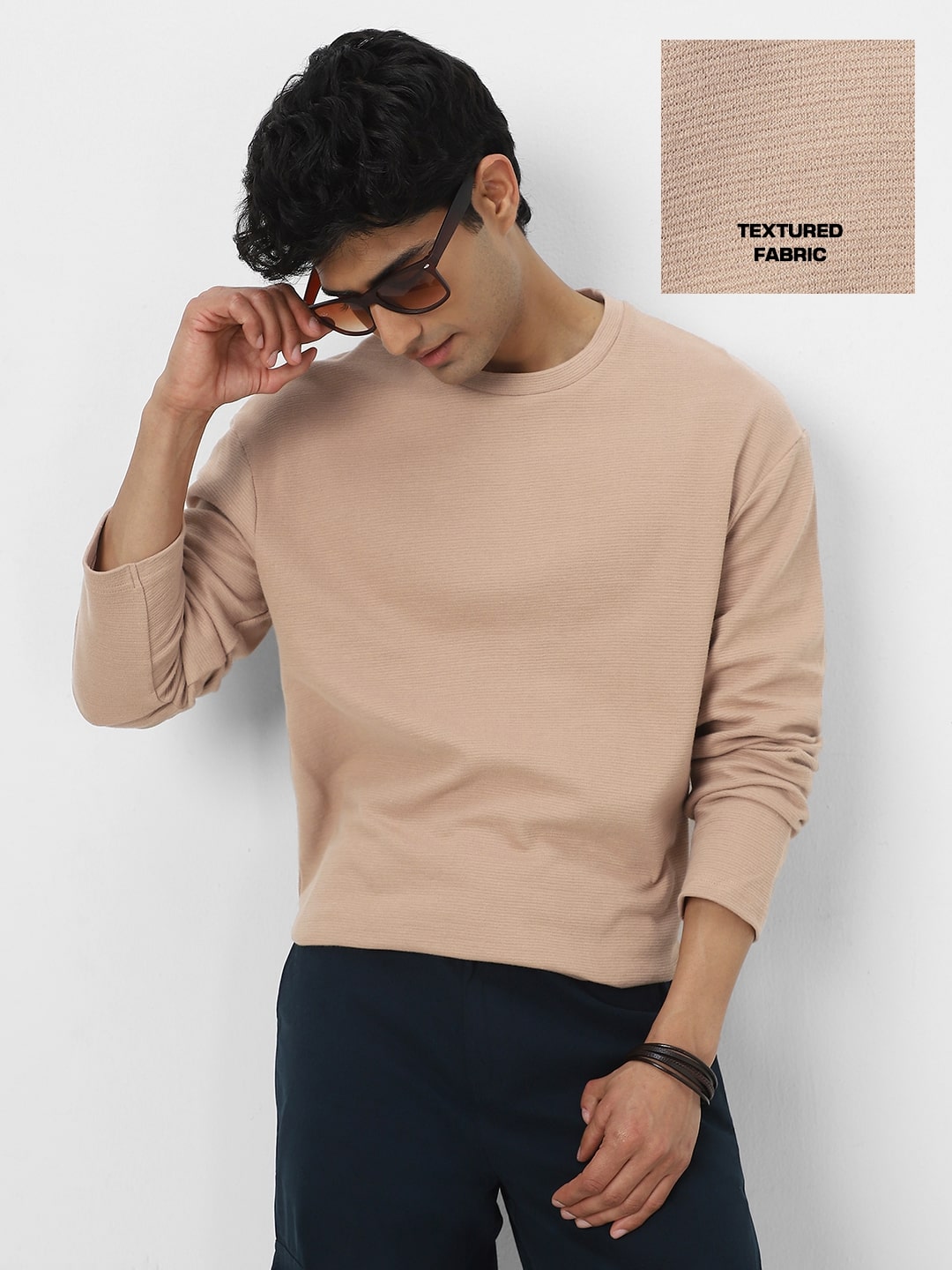 Men's Ginger Root Textured Round Neck Oversized Full Sleeve Cotton T-Shirt